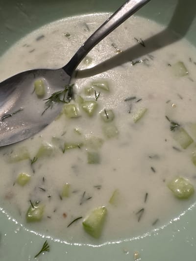 A close-up, top-down view displays a light green circular bowl containing a creamy, off-white liquid dish, identified as being in Rozovo, Bulgaria. The liquid is densely interspersed with numerous irregularly diced light green pieces of what appears to be cucumber, along with scattered dark green fronds of dill. A silver metallic spoon is partially submerged within the dish, with its handle extending diagonally from the upper right toward the lower left. Reflections are visible on the surface of the liquid and on the cucumber pieces.
