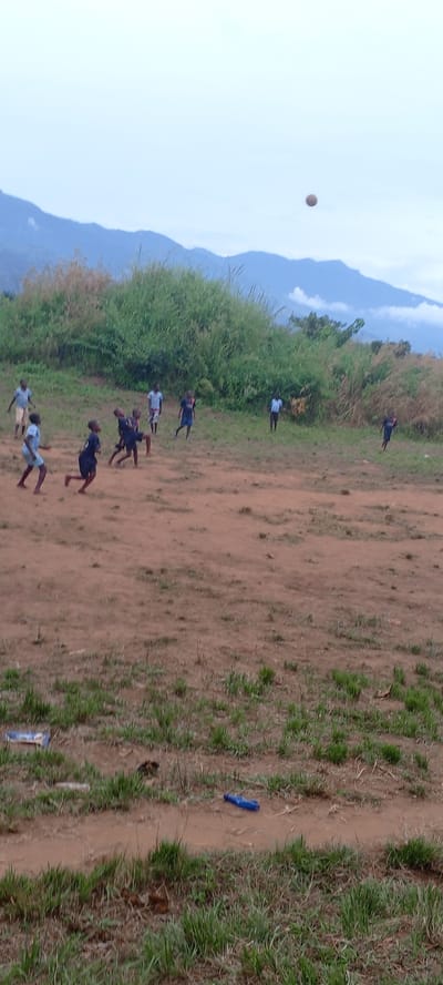 The media file captures an outdoor scene in Ngalula, Democratic Republic of the Congo, featuring a group of children playing football. Approximately ten young boys are distributed across a wide, open field, predominantly composed of reddish-brown dirt with scattered patches of green grass.
In the center-left, several children are actively engaged in the game. One boy, wearing a dark blue top, appears to be in motion, possibly having just kicked the ball. A brown football is visible airborne in the upper right portion of the sky, indicating a kick or throw is underway. Other children are standing or running, observing the play, with some positioned further back towards the edges of the field.
The setting includes a vibrant green hill or large mound covered in tall grass and foliage that forms the immediate background. Beyond this, a range of hazy blue mountains stretches across the horizon under a light, overcast sky, suggesting either an early morning, late afternoon, or a generally cloudy day. The soft, diffused lighting contributes to this impression.
In the foreground, near the bottom right, a blue plastic bottle is discarded on the grassy ground, alongside other small bits of debris, indicating a casual, outdoor environment. There is no visible text in the image. The scene portrays a lively moment of children's play in a natural, rural landscape.