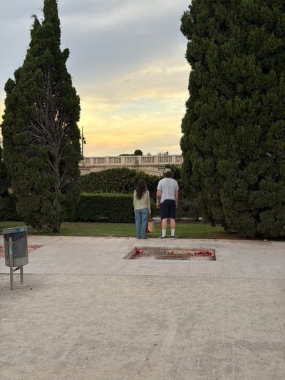 The image shows two people standing in a park in the city of València, Spain. The man, wearing a light-colored t-shirt and dark shorts, stands to the right. The woman, in a light-colored shirt and jeans, stands to his left. They are both facing away from the camera, looking at a landscaped area in the distance. The park features well-maintained green spaces and paved walkways. Two large, dark green evergreen trees frame the central view. In the background, a low, cream-colored building with arched windows is visible behind a neatly trimmed hedge. The sky above is a pale orange and yellow, suggesting either sunrise or sunset. A trash can is visible on the left side of the image.