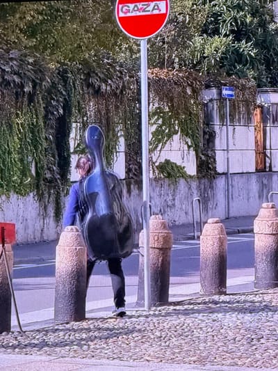 A person is walking on a cobblestone street carrying a large, dark-colored cello case. The person is wearing dark pants and a blue jacket. They are walking away from the camera. Behind the person, there is a white pole with a red circular sign that reads "GAZA" in white letters. The background consists of a concrete wall covered in ivy, some trees, and a building with windows. Several cylindrical stone bollards are lined up along the street. The scene appears to be outdoors on a paved street.