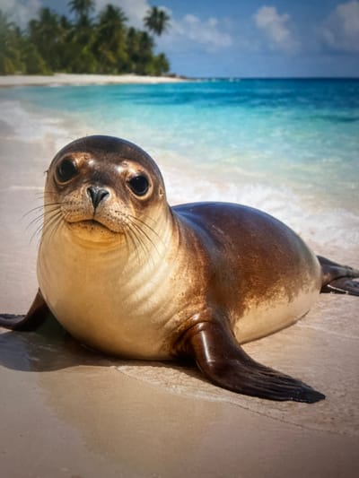 A juvenile sea lion with dark brown fur and a light tan underbelly lies on a wet sandy beach. The sea lion is facing the camera and its head is slightly tilted. Its eyes are large and dark, and its whiskers are long and prominent. The background of the image shows a turquoise ocean with gentle waves and a clear blue sky with scattered white clouds. In the distance, there is a lush green shoreline with palm trees, suggesting a tropical location. The image is a close-up shot, focusing on the sea lion. The specific location in Cadek, Indonesia cannot be determined from the image.