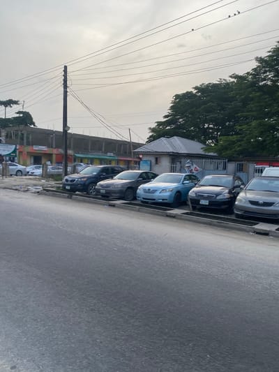 The image shows a street scene in Ado, Nigeria. A row of parked cars lines the right side of the road. Buildings, some with visible signage and colored exteriors, are positioned behind the parked vehicles. Trees and a power pole with numerous wires are present on the left side of the frame. The sky is overcast.