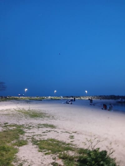 The image depicts a beach in Istanbul, Türkiye, at dusk. The coordinates (40.956, 28.816) correspond to a location along the coast of the Sea of Marmara, near the Florya neighborhood. The sky is dark blue, with a few stars visible. The beach is empty except for a group of people sitting on the sand in the distance. The sand is white and there is sparse vegetation growing on it. Several streetlights are visible in the background, illuminating the scene. The image was likely taken during the evening hours, as the sky is still light but the sun has set.