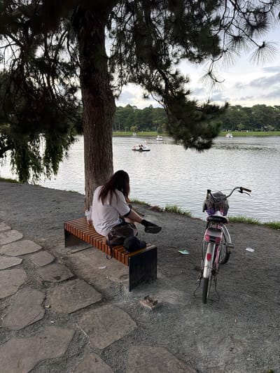 The image captures a serene scene at Xuan Huong Lake in Da Lat, Vietnam. A lone individual is seated on a wooden bench under the shade of a large tree, facing the tranquil lake. The person, with long dark hair, wears a white t-shirt and dark shorts. Beside them on the bench are a black baseball cap and a brown backpack, along with a plastic cup. A pink bicycle is parked nearby, leaning on its kickstand, with a gray basket containing some items. The lake, a prominent feature of Da Lat's landscape, is dotted with several swan-shaped pedal boats, some occupied by people. The background reveals a lush green treeline and a cloudy sky. The ground in the foreground is a mix of gravel and large, irregular stone paving slabs. The overall atmosphere suggests a peaceful afternoon outing by the lake.