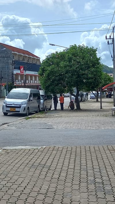 The scene is in Ban Ao Nang, Thailand. Several cars are parked along a street next to a sidewalk. Three people are standing and crouching under a large tree on the sidewalk. One person is wearing an orange shirt. The tree casts a shadow over the sidewalk and the people standing beneath it. In the background, there is a building with a Honda sign. Above, there are power lines and a partly cloudy sky. The sidewalk is paved with patterned bricks. The street is asphalt.