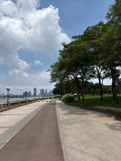 This image depicts a scenic view of a waterfront promenade in Tianhe District, China. The scene is dominated by a paved walkway that runs alongside a body of water, with a city skyline visible in the distance.

The walkway is divided into two sections: a lighter-colored tiled area on the left, and a darker, asphalt-like surface on the right. Along the edge of the tiled section, there is a low wall and a railing, interspersed with lampposts topped with globe-shaped lights. Beyond the wall, a calm body of water is visible, reflecting the sky and city.

On the left side of the walkway, a lush green lawn stretches out, shaded by mature trees with dense foliage. The trees are tall and appear to be a mix of species, with some having delicate, feathery leaves. A row of palm trees is also visible further back.

In the background, a modern city skyline rises, characterized by numerous high-rise buildings. The architecture suggests an urban environment. The sky is a bright blue, dotted with fluffy white clouds, indicating a pleasant day, likely daytime given the lighting.

While no specific activity is overtly captured, the presence of the walkway, benches (implied by lampposts and a park-like setting), and the overall ambiance suggest a location for leisure and recreation, such as walking, jogging, or simply enjoying the view. The scene evokes a sense of tranquility and urban beauty. There is no visible text in the image.