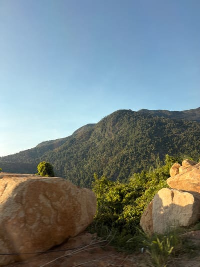 The image depicts a scenic view of a forested mountainside under a clear blue sky. In the foreground, large, weathered rocks and lush green vegetation are visible, with a path or dirt road partially visible at the bottom. The mountains themselves are densely covered with trees, suggesting a natural, undeveloped area. The lighting indicates it is likely daytime, possibly morning or late afternoon, given the soft sunlight illuminating the rocks. This landscape is characteristic of the rural areas surrounding Nam Khanh Vinh, Vietnam, known for its natural beauty and mountainous terrain. There are no people or animals visible in the frame.