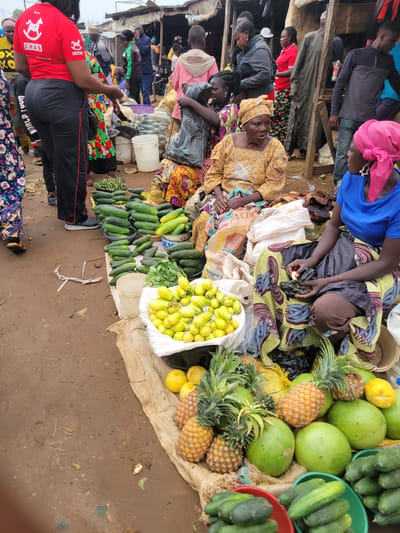 This is a medium shot of a busy outdoor market scene in Gura Top, Nigeria. The image is captured from a high angle and is oriented vertically, with the ground occupying the lower portion of the frame and the market stalls and people filling the upper part. The overall impression is one of lively commerce and community interaction.

The primary subjects are a group of people, seemingly a mix of vendors and customers, engaged in activity around market stalls laden with produce. Several women are prominent, dressed in colorful traditional attire and headwraps. Some are seated, interacting with each other or attending to the goods, while others appear to be standing or moving through the market. A man in a blue shirt and dark pants is also visible. The focus is on the human element and their engagement with the marketplace.

The objects in the scene are predominantly fruits and vegetables. There are large piles of green watermelons, pineapples with their spiky crowns, and numerous cucumbers. A woven bag holds a collection of small, light-colored fruits, possibly tomatoes or a type of eggplant. Several buckets and sacks are also present, serving as containers for the produce or for carrying goods. Bags with visible text, including "CEM," "PORTLAND," and "Weight 5," suggest packaging for items or brands being sold. The ground appears to be unpaved and muddy, indicating an outdoor setting and possibly recent rain.

The activity taking place is clearly a market transaction. People are gathered around stalls, examining produce, and likely negotiating prices. The atmosphere seems bustling and active, though specific emotions are hard to discern due to the image quality and distance. The time of day appears to be daytime, with natural light illuminating the scene. There are no strong indicators of specific weather conditions beyond the potentially muddy ground. The presence of diverse produce and the style of clothing suggest a market in a West African location, consistent with the provided context of Gura Top, Nigeria. The overall scene is vibrant and representative of daily life in a Nigerian marketplace.
