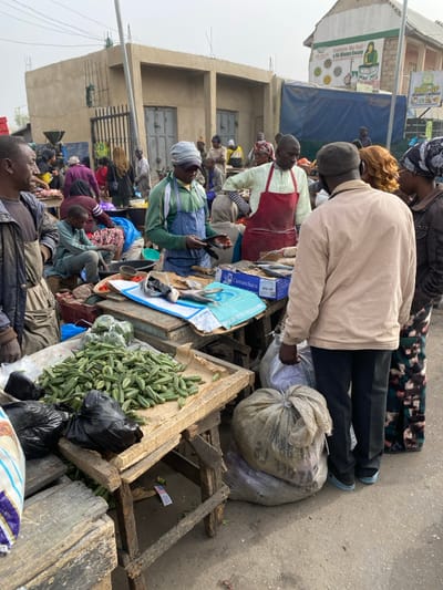 An outdoor market scene is depicted in Sabon Gari West, Nigeria, under an overcast sky. The ground consists of dirt and worn concrete. In the immediate foreground, a wooden market stall displays a large quantity of green okra pods on brown paper, with several black plastic bags positioned next to them. To the right of the okra, two large, light-colored sacks are placed on the ground.

In the mid-ground, a central wooden stall serves as a fish display. A man wearing a light blue beanie, a light green long-sleeve shirt, a light blue apron, and glasses is positioned behind this stall on the left. He is actively handling a dark object, possibly a fish, over a blue plastic sheet. Various fish are arranged on the stall, some on the blue plastic and others inside a blue cardboard box labeled "Camanchaca 910 UP". Small red items, likely tomatoes or peppers, are visible in a bowl near the fish. To the right of him, another male vendor, wearing a light-colored long-sleeve top and a red apron, stands behind the fish stall, looking towards the right, seemingly engaging with customers.

On the right side of the frame, three individuals appear to be customers interacting at the fish stall. One man, seen from behind with his back partially to the camera, wears a dark brown beanie, a light beige long-sleeve jacket, and dark trousers. He holds a light-colored sack in his left hand. Next to him, a woman with reddish-brown curly hair, glasses, and a dark jacket over a patterned garment, faces the vendors. Behind her, another woman wearing a dark head covering and a patterned garment also faces the stall.

In the background, a two-story unpainted concrete building with visible rebar and multiple window/door openings forms part of the market structure. To its right, a building partially obscured by a blue tarp canopy displays a painted mural advertising "Max Mix" and "DOD-GP Restaurant & Eateries". Numerous other market participants, including vendors and customers, are visible throughout the bustling background, some seated on the ground, others standing near various stalls. One young person in a light green outfit is seated on the ground in the mid-left background.