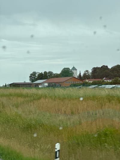 The image shows a rural landscape under a cloudy sky, likely taken from a moving vehicle. In the middle ground, several farm buildings are visible. These include a long, red-roofed barn with white-framed windows, a smaller white building next to it, and another long wooden barn in the background. Behind the buildings, a cluster of trees forms a dense green backdrop. To the left of the farm buildings, a white tower with a green, pointed roof stands tall against the sky. The foreground is dominated by a field of tall, dry grass in shades of green and yellow, with some blurred spots suggesting movement or imperfections on the lens. A white and black marker post is visible at the bottom right of the frame. The overall impression is one of a tranquil, agricultural setting in the German countryside.