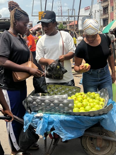 On a sunny day in what appears to be Onitsha, Nigeria, three women are interacting around a wheelbarrow laden with green apples. The wheelbarrow has two levels of apples separated by a gray packaging material and covered partially by a blue plastic sheet.
The woman closest to the viewer is wearing a black shirt and blue athletic pants with white stripes. She is holding a tan purse and the wheelbarrow handle. Another woman in a white t-shirt and a black cap is placing apples into a black plastic bag. She is looking at the woman in the black shirt.
The third woman, wearing a black shirt, blue jeans, and a white and gold headscarf, is holding an apple and looking at it. She is standing near the front of the wheelbarrow. The background includes a busy street scene with buildings and a Zenith Bank sign.