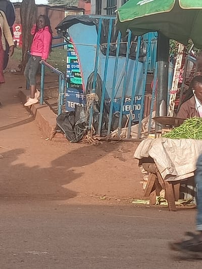 A street scene reveals a mix of everyday life. A young woman in a pink jacket leans against a blue railing near an "Airtel" sign. Beside her, a blue metallic structure is covered with advertisements for "Tecno." Under a green umbrella, a vendor sits next to a table piled with green beans. The scene is bustling with activity, as indicated by the blurred figures and the earthy-toned street surface.