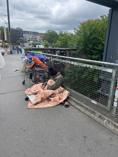 A person is sleeping on the sidewalk next to a shopping cart filled with belongings, near a pedestrian walkway with a metal railing and trees in the background. The person is covered with a patterned blanket and wearing a dark beanie and a jacket. The shopping cart contains various items, including blankets, a yoga mat, and bags. The scene appears to be outdoors in an urban environment, possibly on a bridge or elevated walkway, given the railing and the view of buildings and trees. The ground is paved, and there are some signs and graffiti on the railing. The overall impression is one of homelessness or transient living in a public space.