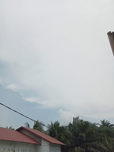 The image shows a view of the sky and rooftops of buildings in Melayu Besar Kota, Indonesia. The sky is overcast with some light clouds visible. In the foreground, there are the red metal roofs of two adjacent buildings. These buildings appear to be single-story structures with white walls and decorative window openings. Trees, likely palm trees, are visible behind the buildings, their dark green fronds contrasting with the lighter sky. A power line runs diagonally across the upper portion of the image, partially obscuring the view of the sky and trees. On the far right side of the image, a portion of a vertical, cylindrical object, possibly a smokestack or part of a tower, is visible. The scene suggests a semi-urban or rural environment, common in many parts of Indonesia.