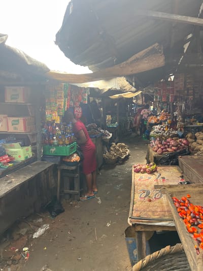 This image depicts a bustling market scene in Nkpor, Nigeria. The primary subject is a woman in a red dress lying down, seemingly resting, amidst shelves stocked with various goods. She is wearing blue and white flip-flops. The market stall is filled with a variety of food items, including onions, what appear to be peppers or small fruits, and packaged goods like Knorr cubes and Laziza products. A green crate filled with bottles of oil or sauce is visible near the woman.
The setting is an open-air market with a covered roof constructed from corrugated metal and wood. The ground is uneven and appears to be made of dirt and mud, with some debris scattered around. The lighting suggests it could be daytime, possibly late morning or afternoon, given the brightness filtering through the covered structure. The overall impression is one of a vibrant, somewhat cluttered, and busy marketplace typical of West Africa. The visible text "POS AVAILABLE" on a sign indicates a payment option offered at the stall. The scene captures a moment of respite for the vendor amidst the daily commerce of the market.