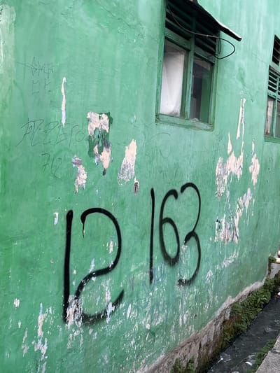 The image depicts a close-up, eye-level exterior shot of a weathered, bright green wall in a gritty urban environment. This location is identified as being in North Jakarta, Indonesia. The wall exhibits significant wear and tear, with patches of peeling paint and underlying plaster visible. Graffiti is present on the wall in several areas. Most prominently, large black spray-painted numbers "12" and "163" are visible. Above these numbers, other faint markings and what appear to be handwritten tags or names are discernible, rendered in a darker, possibly faded paint. The wall has two windows with green wooden frames, one larger and one smaller. The larger window has a white curtain visible inside. A thin metal awning extends from the top of the larger window, and a black wire is loosely draped over it. The lower portion of the wall meets a concrete ledge, below which a narrow, dark, and somewhat dirty drainage channel runs parallel to the wall, lined with small green plants. Debris, including plastic, is present in the drainage channel. The overall impression is one of a neglected urban facade.