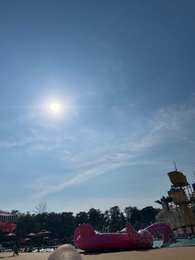 A low-angle, full-shot photograph captures a sunny day at a water park in Zalesie Górne, Poland. The bright sun shines from the upper left corner of the frame, casting lens flare and illuminating wispy white clouds against a clear blue sky. In the foreground, a large, pink inflatable flamingo floats on the water near the pool's edge, its head and neck visible. To the right, a towering water slide structure dominates the background, with its yellow and white sections and a bucket at the top. A lush green treeline forms the horizon behind the pool, separating it from the sky. People are visible swimming and relaxing in the pool, and several thatched umbrellas are set up on the poolside for shade. The scene evokes a sense of summer leisure and enjoyment at an outdoor recreational facility.