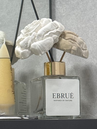 The image shows a close-up of a home decor setup, likely on a shelf. In the foreground, a clear glass reed diffuser bottle with a gold cap holds two decorative diffuser reeds. The reeds are topped with artificial flowers that resemble roses, one white and one a light beige. A white label on the front of the diffuser bottle displays the brand name "EBRUÉ" in black, capital letters, with the tagline "INSPIRED BY NATURE" below it in smaller, capital letters. To the left of the diffuser, a tall, thin, pale yellow candle with a black band near its top is visible. The background is a textured, light gray wall. The overall scene suggests a calm, decorative element within an indoor space. There is no indication of a specific location in Antalya, Turkey.