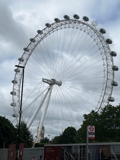 The image shows the London Eye and Big Ben on a cloudy day. The London Eye is a large Ferris wheel on the South Bank of the River Thames in London. It is 135 meters (443 ft) tall and has 32 capsules, each holding up to 25 people. Big Ben is the nickname for the Great Bell of the striking clock at the north end of the Palace of Westminster in London. The clock tower is 96 meters (315 ft) tall. The image also shows some trees and a bus stop. There are a few people in the foreground, but they are not in focus.