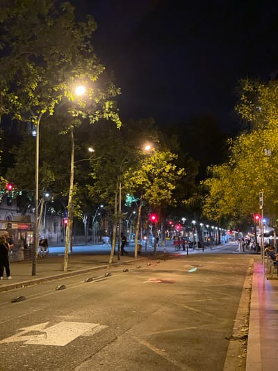 The image depicts a city street scene at night, likely in Barcelona, Spain, based on architectural styles and street lighting. The foreground shows a wide asphalt road with lane markings, including a large white directional arrow pointing left. Several small, dark, wedge-shaped speed bumps are visible along the road's edge. Tall trees with illuminated foliage line the street on both sides, their leaves glowing from streetlights.

In the midground, there are buildings with arched windows and illuminated facades on the left. Pedestrians are visible on the sidewalks, some standing near a bus stop or public seating area. Several traffic lights are red, indicating a halt. A red bicycle is parked on the left side of the street.

The background reveals more trees and buildings extending down the street, with more traffic lights and streetlights illuminating the scene. The sky is dark, indicating nighttime. People are scattered along the sidewalks, some walking and others seated at outdoor cafes or seating areas. The overall atmosphere is one of urban activity at night.