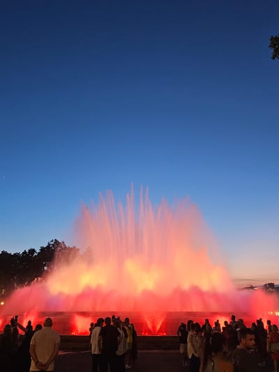 The image captures a performance of the Magic Fountain of Montjuïc in Barcelona, Spain. A large crowd of people are gathered, facing a spectacular display of water jets illuminated with vibrant red and orange lights. The fountain is in full motion, creating a dramatic and colorful spectacle against the deep blue twilight sky. Silhouetted figures of the spectators are visible in the foreground, looking towards the fountain. Trees line the background, behind the fountain's tiered structure, and a distant cityscape is faintly visible on the right horizon. The overall scene depicts a popular tourist attraction at dusk, showcasing a blend of natural and artificial elements with a lively audience engagement.