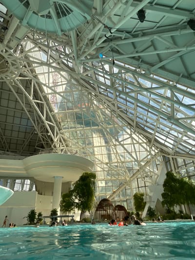 The image shows the interior of the Caldea spa in Les Escaldes, Andorra, specifically focusing on the complex structure of the glass roof and the indoor pool area. The roof consists of a network of white metal beams forming a geometric pattern against the sky. Visible through the glass are some buildings in the town. To the right of the image, a segment of the pool is shown, with water rippling. Several people are in and around the pool, but the details of their actions are not clear. A white, curved structure extends upwards from the building, topped with green foliage.