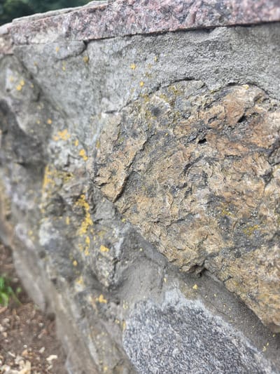 This is a close-up, ground-level, eye-level shot of a weathered stone wall. The wall is constructed of irregular, rough-textured stones of various gray and brown hues, with some patches of yellow lichen. A thin, pinkish-red stone runs along the top edge of the wall, and mortar is visible in some areas where the stones meet. The background is out of focus, showing hints of green foliage and brown earth, suggesting an outdoor environment. The image appears to be a detail shot of a section of a stone wall, possibly in a park or garden setting, and does not contain any discernible information about a specific location in Kyiv, Ukraine.