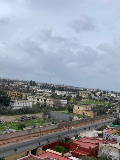 This image presents an elevated, wide-angle view of an urban landscape within the city of Meknes, Morocco, under an overcast sky. The uniformly grey, cloudy sky occupies approximately the top third of the frame.
In the immediate foreground, at the bottom right, the red-tiled roofs of several residential buildings are visible, partially obscured by green foliage. A paved, two-lane road with visible lane markings and streetlights runs diagonally across the mid-ground, from left to right. This road is bordered by a concrete retaining wall on its left side.
Beyond the retaining wall, a large, irregularly shaped green space extends, featuring numerous trees, including what appear to be olive trees. Within this green area, a section is used for storage, displaying multiple organized piles of black, circular objects, consistent with vehicle tires. Nearby, rudimentary open-framework metal structures are present, along with a large, arched structure made of corrugated metal. Scattered throughout this green space are several multi-story buildings, predominantly light-colored (cream, pale yellow, or off-white), exhibiting signs of age or disuse.
The background reveals a sprawling urban expansion characterized by a dense arrangement of low-rise buildings and abundant tree cover, extending to a hazy horizon. Distant industrial infrastructure is visible on the far left, marked by two tall, slender, grey industrial chimneys or towers. A prominent, tall telecommunications mast or antenna stands to the right of the central background. Minimal traffic is visible on the road below; no specific human activity is discernible.