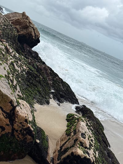 The image captures a dynamic coastal scene, rotated to present a diagonal horizon line. The primary subjects are the ocean, large rock formations, and a sandy beach, all under an overcast sky.
Waves are actively crashing against the shore, creating white foam and ripples as they recede and advance over the dark, rugged rocks and light sand. The rocks are a prominent feature, covered extensively with patches of vibrant green moss or algae, particularly on their wet, darker surfaces, while some exposed areas show a lighter, earthy tone. The sand is damp and compacted where it meets the water.
The time of day appears to be during daylight hours, but the heavy, uniform grey clouds indicate overcast weather, suggesting either a cloudy day or possibly an approaching storm. In the far distance on the ocean's horizon, faint, indistinct shapes that might be ships or distant landmasses are visible. The scene evokes a sense of natural ruggedness and the powerful interaction between sea and land, characteristic of a coastal environment like Rio de Janeiro, Brazil. There is no visible text in the image.