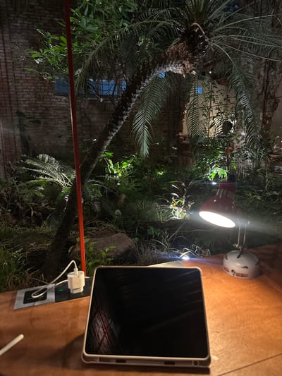 The image depicts a dimly lit, indoor-outdoor scene, likely in Thủ Đức, Vietnam, at night. A large palm tree dominates the left side of the frame, its fronds arching over a brick wall with visible windows. Lush green foliage from various plants fills the background, creating a dense, jungle-like atmosphere.
In the foreground, on a wooden surface, is a tablet computer, its screen dark. A white USB charger is plugged into a power strip on the wood, with a white cable connected to the tablet. A desk lamp with a red shade and a white base is also present, casting a bright light on the foliage and the tablet. The setting appears to be a courtyard or a conservatory, possibly a private residence or a cafe, given the presence of technology and ambient lighting. The overall mood is tranquil and a bit mysterious due to the low lighting and the interplay of light and shadow on the plants and structures. The red horizontal bar across the middle of the image may be a railing or part of the building's structure. No people are visible in the image.