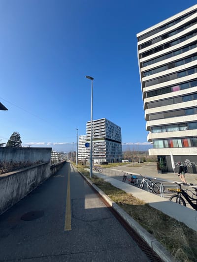 This image depicts a modern urban scene in Meyrin, Switzerland, under a clear, bright blue sky. The composition is horizontally oriented, showcasing architectural structures alongside natural elements.

In the foreground, a paved road or cycle path runs from right to left, marked by a prominent yellow line and a faint white bicycle symbol. To the right of the path, there's a low concrete barrier, followed by a strip of dry grass and then a higher concrete wall.

The midground features several modern buildings. On the far left, a large, multi-story building with a distinctive facade of horizontal light and dark stripes rises towards the top of the frame. Further right and slightly behind, a tall, slender street lamp stands. Another prominent building with numerous balconies and a grey and white exterior is visible in the center, exhibiting contemporary architectural design. Closer to the viewer, a commercial building displays the clear text "CAFE HORTUS" on its facade.

Several bicycles are parked in bike racks in front of the buildings. Two individuals are partially visible: one near the "CAFE HORTUS" building and another further down the street, both standing near parked bikes. A blue circular sign with a white bicycle symbol indicates a designated cycle path.

In the distant background, a large body of water, likely Lake Geneva, stretches towards the horizon, backed by a majestic range of snow-capped mountains. The day is sunny and clear, suggesting pleasant weather, possibly during the morning or early afternoon given the bright light. The scene captures a blend of modern city life with stunning natural scenery.