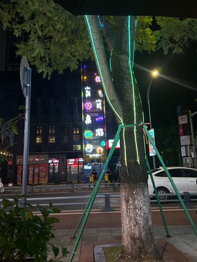 In the city of Chongqing High-tech Zone, China, at night, a tree is illuminated with green and blue LED lights wrapped around its trunk and supported by green metal poles. The tree is on a sidewalk adjacent to a street with traffic lights and road markings. In the background, several buildings with illuminated signs and windows are visible. One building has a tall vertical sign with various neon lights, including Chinese characters and colorful shapes. Across the street, businesses with illuminated storefronts are present. A white car is parked on the right side of the road, and a person on a yellow scooter is riding on the left side of the street. Green foliage is in the foreground. The scene captures a nighttime urban environment with commercial activity and decorative lighting.