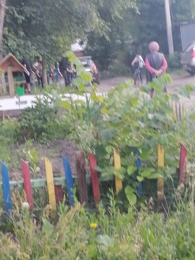 The image depicts an outdoor scene in Ulyanovsk, Russia, possibly a park or residential area, with a focus on a colorful, low fence made of wooden pickets painted red, blue, and yellow. Beyond the fence, there are various people and objects, partially obscured by foliage.
In the background, a group of individuals are visible. One person, on the right side, wears a pink headscarf and a dark vest over a pink long-sleeved shirt, with their hands clasped behind their back. To the left of this person, another individual is walking away, wearing a white shirt and dark pants, possibly carrying a bag or backpack. Further left, several other people are standing and interacting. One person appears to be wearing denim overalls.
To the far left of the frame, a wooden structure resembling a small shelter or playhouse with a roof is present. A green plastic bin is situated near this structure. In the middle ground, a car, likely a silver sedan, is visible. The environment appears to be overgrown with grass and leafy plants, with trees forming a backdrop. The overall lighting suggests it is daytime, possibly overcast or late afternoon.