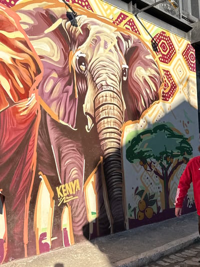 The scene depicts a large, colorful mural painted on a concrete wall in São Paulo, Brazil, specifically located at the Viaduto do Chá in the Centro district. The central subject of the mural is a stylized elephant, facing slightly right, rendered in a palette of purple, orange, brown, yellow, and cream tones. The word "KENYA" is painted in yellow capital letters on the lower left area of the elephant's body. The mural's background features geometric patterns in yellow, cream, and red, along with a stylized green tree bearing yellow-orange, round fruits on the right side. Above the wall, dark metal structural elements, including beams and grating, are visible, casting sharp shadows onto the upper right portion of the mural. The scene is illuminated by strong, direct sunlight from the upper left, producing distinct shadows on the wall and the ground. A person is partially visible on the far right, from the torso down, wearing a red long-sleeved jacket with three white stripes on the right sleeve, consistent with athletic apparel, as they walk on a paved concrete sidewalk.