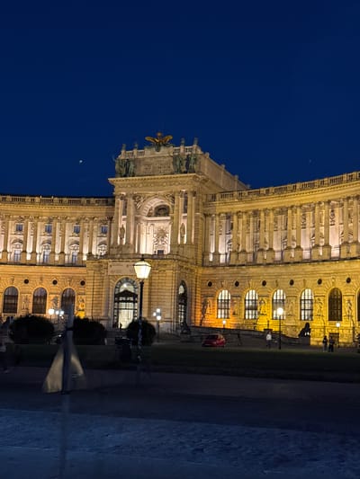 This image depicts the exterior of the Hofburg Palace in Vienna, Austria, at night. The grand, illuminated building features neoclassical architecture with numerous columns and arched windows. A prominent, ornate golden eagle statue crowns the central facade. Several people are visible walking on the grounds and near the entrance, and a red car is parked on the right side of the pathway. Lampposts illuminate the scene, casting a warm glow on the sandstone facade against the deep blue night sky. The foreground shows a dark, paved area that appears to be a street or plaza, with some blurred figures and a traffic sign.
