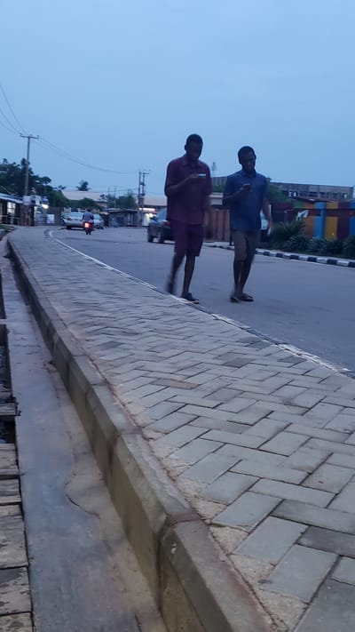 An outdoor image, captured at what appears to be dusk or early evening, shows a street scene in Narayi, Nigeria. The sky is a muted blue-grey. The photograph is oriented vertically, showing the street and sidewalk at an angle.
In the foreground and mid-ground, two men are visible, seemingly walking or standing near the edge of a paved road. The man on the left wears a dark blue short-sleeved shirt and dark shorts. The man on the right wears a dark red/maroon short-sleeved shirt and dark shorts, holding a small white object, possibly a phone. Both men have dark complexions. Their legs and feet show some motion blur, suggesting movement.
To the right, a raised sidewalk or pedestrian path is prominent, constructed from light-colored paver blocks arranged in a herringbone pattern. A concrete curb separates this path from the asphalt road. In the background, other vehicles including cars and a motorbike are partially visible, along with various buildings and structures. Some buildings in the far distance feature colorful panels, potentially shipping containers or distinct architectural elements. Utility poles and overhead wires crisscross the sky on the left side of the frame. No discernible text is visible anywhere in the image.
