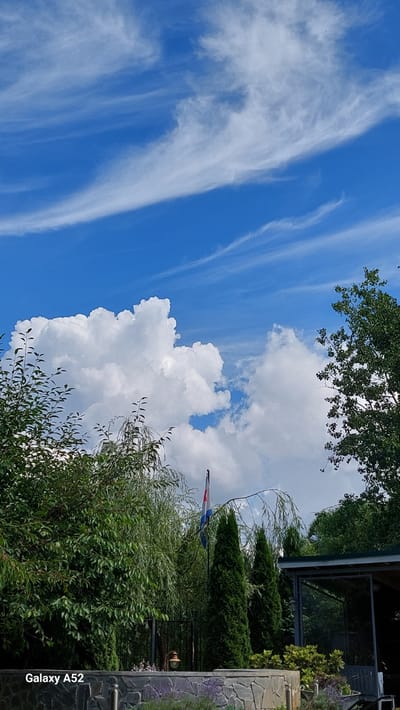 This image captures a view of the sky and foliage in Zhavoronki, Russia. The sky is a vibrant blue, dotted with wispy white cirrus clouds and larger, fluffy cumulus clouds. In the foreground, lush green trees and shrubs are visible, with some foliage drooping. A flag, appearing to be the Dutch flag with its red, white, and blue horizontal stripes, flies from a flagpole. Several conical evergreen trees stand behind the other vegetation. A dark, modern-looking structure with a mirrored or reflective surface is partially visible on the right side of the frame. The bottom of the image shows a stone wall. The "Galaxy A52" watermark is present in the lower left corner.