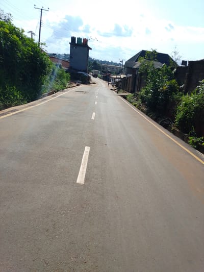 The image shows a straight, paved road in Umuahia, Nigeria, heading uphill into the distance. The road has a yellow line marking the edges and broken white lines down the center. Vegetation lines both sides of the road, becoming denser towards the left. On the left is a gray concrete structure with multiple water tanks on top. Further down the road, a few buildings line both sides. A single person is walking along the right side of the road in the distance. Utility poles and wires are visible in the background under a partly cloudy sky.