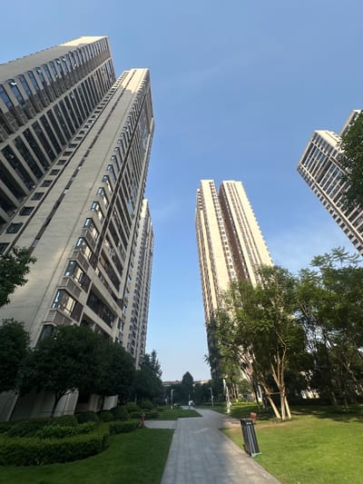 The image captures a vibrant outdoor scene dominated by modern high-rise buildings under a clear blue sky, likely within the Chongqing High-tech Zone in China. The photograph is taken from a low, upward-looking perspective, causing the tall structures to appear to lean diagonally across the frame.

In the foreground and extending into the mid-ground on the left, several towering residential or commercial buildings feature light-colored facades with numerous windows, some equipped with external grates or balconies, creating a repetitive pattern. These buildings rise steeply from the lower left towards the top center of the frame.

The right side of the image reveals a lush green landscape. A wide, paved pathway with a lighter gray tone runs alongside a meticulously manicured lawn. Various trees with dense green foliage are scattered across the grassy areas and line the pathway, ranging from tall specimens to well-trimmed bushes and hedges. A dark-colored rectangular object, possibly a bench or trash receptacle, is visible near the pathway.

Further in the mid-ground, another cluster of tall, slender buildings with similar modern architecture is visible, also appearing to lean due to the perspective. The top portion of an additional building can be seen in the upper right corner.

The sky is a bright, cloudless blue, indicating clear, sunny weather during the daytime. Sunlight casts subtle shadows on the building facades, highlighting their architectural details. The scene suggests a well-maintained, modern urban or residential complex. There are no people or discernible text visible in the image.