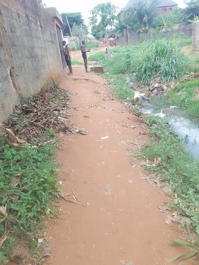 This image depicts a dirt pathway running through Ukwu-Abwa, Nigeria, with a concrete wall on the left and a refuse-filled drainage ditch on the right. In the mid-ground, two males are present: one is standing facing the concrete wall, shirtless and wearing dark shorts, appearing to urinate; the second male stands a few steps to the right, also shirtless and in dark shorts, holding a small dark object in his hands. The concrete wall is weathered, with a darker, recessed opening. A pile of dried leaves rests at the base of the wall. The pathway is unpaved, reddish-brown earth, showing wear and tear, with sporadic patches of green vegetation along its edges. To the right of the path, a narrow, dark, stagnant water channel is visible, heavily littered with plastic bags, bottles, and other debris. The banks of this channel are overgrown with various green plants and tall grasses. In the background, beyond the vegetation, additional structures and trees are visible, including a building with a dark roof. A third, smaller figure is partially visible further down the path on the right side. The sky appears overcast.