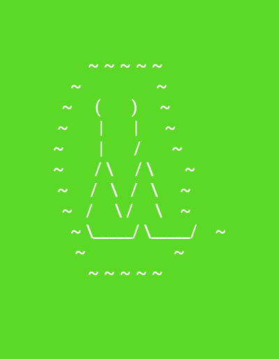 The image displays a green background with white ASCII art. The ASCII art forms a stylized "M" shape in the center, enclosed by curved lines and vertical bars. The "M" is constructed from various characters, including parentheses, vertical bars, forward and backslashes, and underscores. Surrounding the central "M" are several tilde (~) characters arranged in horizontal and vertical lines. The overall composition is abstract and graphic, with no discernible connection to the city of Sluck, Belarus.