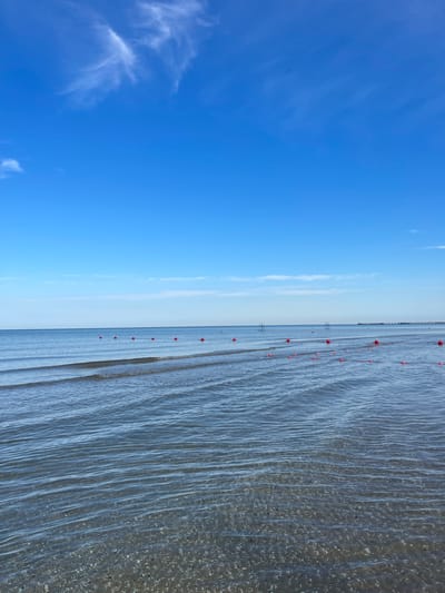 The image depicts a tranquil scene of the sea in Anapa, Russia. The vast expanse of the clear blue sky is dotted with wispy white clouds. The sea, with its gentle waves, stretches out to the horizon, meeting the sky in a soft blue line. In the foreground, the shallow water is transparent, revealing the sandy bottom covered with small shells. A line of red buoys, marking a designated area in the water, is visible in the middle ground, extending across the frame. In the distance, a pier and what appear to be lifeguard stands are faintly visible, hinting at a beach area. The overall impression is one of peacefulness and natural beauty.