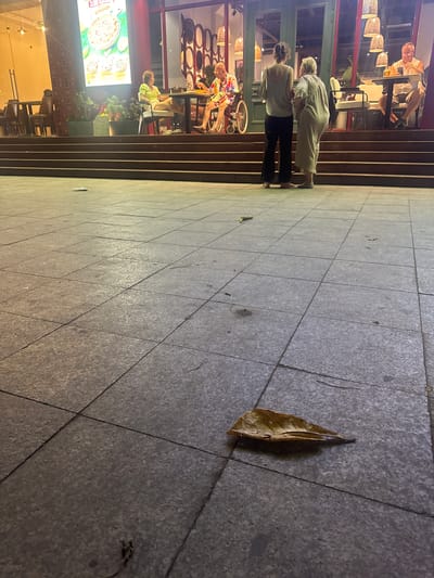 The image captures an outdoor scene at dusk, likely in Nha Trang, Vietnam, in front of a restaurant or cafe. The foreground is dominated by a tiled pavement with a single dry leaf lying in the center. In the midground, a set of wide, dark steps leads up to the establishment.
On the steps and the elevated patio area, several individuals are visible. To the left, a person in a wheelchair, wearing a colorful shirt, is seated at a table. A woman in a bright green top and beige pants also sits at a table. Further to the right, a man in a white shirt is seated at a table, looking at his phone, with a glass of amber liquid in front of him. Two women stand on the steps facing away from the camera. One is wearing a light-colored top and dark pants, and the other is in a beige dress. They appear to be conversing or waiting.
The background reveals the entrance to the establishment, with large windows and interior lighting. Decorative pendant lamps hang from the ceiling. A large illuminated advertisement, possibly for food, is mounted on the wall. Plants in pots are placed along the side of the building. The overall atmosphere suggests a relaxed evening setting.