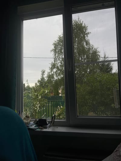 The image shows a view through a window looking out onto a yard. The window is divided into two panes, with the left pane showing a close-up of a cluttered windowsill with papers, a black pyramid-shaped object, and a small mirror. The right pane offers a wider view of the yard, featuring lush green trees, a white-flowered bush, and a green fence. The sky is overcast and gray. The setting appears to be residential, possibly a house or dacha in Красное, Russia, given the style of the fence and vegetation. There are no people visible in the image, but a person's shoulder and part of their upper body, wearing a teal garment, is present in the foreground, suggesting they are indoors looking out the window.