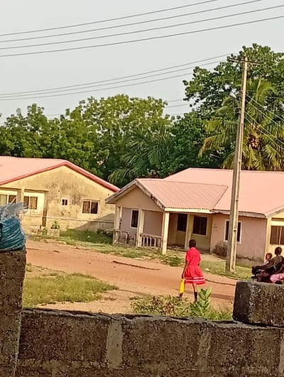 The image depicts a residential street scene in Adankolo, Nigeria, under a bright, soft sky, suggesting either early morning or late afternoon. In the immediate foreground, a rough concrete block wall is visible, with a blue, bundled object resting on its left side.
Beyond the wall, a reddish-brown dirt road stretches across the midground, interspersed with patches of green grass and small plants. On the left side of the road, a single-story house with a weathered tan facade and a pink corrugated metal roof stands amongst vibrant green trees. It features several rectangular windows, some of which appear to have security bars. To its right, another smaller, light pink or tan single-story building with a matching pink corrugated roof is visible, featuring a small porch with balustrades.
Towards the right side of the frame, a tall utility pole with multiple overhead power lines extends upwards, partially obscured by a large tree with dense green foliage and palm fronds, some bearing brown fruit.
On the dirt road, a person wearing a bright red dress or long top and carrying a yellow object (possibly a bag or fabric) walks away from the camera. Further to the right, two individuals, seemingly an adult and a child, are seated on what appears to be a motorcycle or a low bench at the side of the road. No discernible text is visible within the image. The scene portrays a casual, everyday moment in a semi-urban or rural setting.