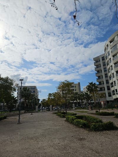 The scene captures an urban public space, likely a park or square, located in Fez, Morocco. The foreground features a light brown, unpaved ground surface extending towards the midground. To the right, low, trimmed green hedges are arranged along the path. Various trees with green and yellow-green foliage are dispersed throughout the area, including several palm trees. A tall, dark lamppost stands vertically in the mid-ground, left of center. Modern, multi-story buildings with numerous balconies frame the scene, with a prominent, curved structure occupying the right side of the frame. In the mid-ground, near the right-side building, two individuals are faintly discernible walking away from the camera. The background reveals additional urban structures and a dark gate or entrance. The sky is partially cloudy with scattered white clouds against a blue background, and a bright light source, consistent with the sun, is visible in the upper left quadrant. Bare tree branches extend into the extreme top of the frame.
