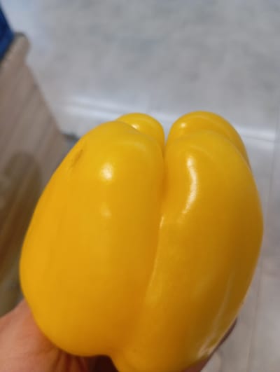 The media file shows a close-up, eye-level shot of a person's hand holding a vibrant yellow bell pepper. The pepper is the primary subject, filling most of the frame. Its smooth, shiny surface reflects the light, highlighting its curves and indentations. The hand holding the pepper is lightly visible in the lower left and right corners, with skin tones suggesting it is being held gently.
The background is out of focus, providing a blurred context. To the left, a wooden surface with visible grain and vertical lines can be discerned, possibly part of a table or furniture. The rest of the background is a soft, neutral gray, suggesting an indoor setting.
There is no discernible text in the image, and the lighting appears to be soft and diffused, indicating it was likely taken indoors during the daytime. The focus is solely on the bell pepper, emphasizing its texture and color. The overall mood is simple and direct, highlighting a common food item. The context of Sofiivska Borshchahivka, Ukraine, provides a geographic location but no specific visual cues within the image itself contribute to this context. The activity is simply the presentation of the bell pepper.