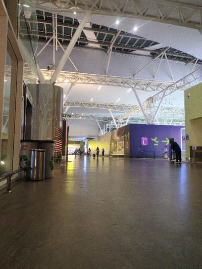 The image captures a wide, well-lit interior concourse within an airport terminal located in Sepang, Malaysia. The expansive ceiling features a complex network of white metal trusses, supporting panels, and numerous embedded light fixtures that provide bright illumination. The floor is a reflective, light grey, speckled surface, showing reflections of the overhead lighting.

In the immediate foreground on the left, a silver cylindrical waste bin is visible, accompanied by a smaller stainless steel bin. Adjacent to these is a large, reflective cylindrical column. A partial view of a glass wall and a dark metal railing are also present on the far left.

The central and right portions of the image show a broad, unobstructed walkway. Five individuals are discernible further down the concourse. Four individuals are walking away from the camera, some pulling rolling luggage. On the far right, one person, clad in dark attire, is bent over near a luggage trolley or item of baggage. To the left of this individual, a prominent, rectangular purple structure stands, displaying white text that reads "Gate L" and a green airplane icon with a directional arrow pointing right, indicating passenger gate information. Beyond the figures, additional commercial storefronts with illuminated signage are visible in the distant background. The overall environment suggests a modern, functional, and transient area within a major airport.