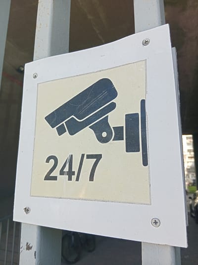 A sign mounted on a weathered gray metal support indicates 24/7 video surveillance. The sign has a white frame with four screws securing a cream-colored inset. On the inset is a dark blue graphic of a security camera positioned above the number "24/7" in the same color. The sign's surface shows scratches. A glimpse of a bicycle's tire and buildings suggests an urban setting, possibly in Batumi, Georgia. The sign is secured to a metal railing.