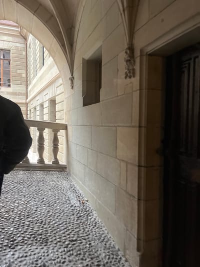 The image captures an architectural interior or covered exterior space, likely within a historical building in Genève, Switzerland, viewed from an elevated perspective. A person's head and shoulder, clad in dark clothing, are visible in the immediate lower foreground, looking down into the scene.
On the right, a distinctive wall is covered with a textured pattern of small, dark, rounded pebbles or stones, creating a mosaic-like appearance. Adjacent to this, a balustrade with decorative, bulbous spindles suggests a railing for a staircase or balcony.
To the left, a grand stone structure dominates, featuring large, light-colored stone blocks that form a ceiling or an elevated walkway. Beneath this, a series of intricately designed stone arches are visible, extending into the background. Small, carved decorative elements are integrated into the stone along the edges of these architectural features.
Below the arches, a lower level of the building comes into view, characterized by more stone-block walls and visible windows, which appear to receive natural illumination. The overall impression is one of a majestic, multi-story structure, possibly a cloister, arcade, or a grand interior hall. The lighting suggests it is daytime, with parts of the upper structure casting shadows. No text is visible in the image.